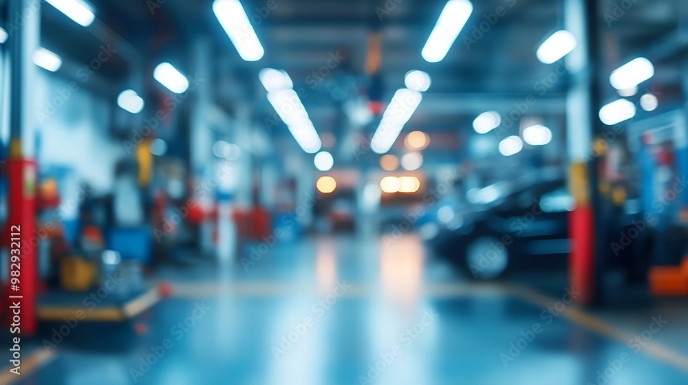 The abstract blurry image depicts a blurred car garage interior, a blurred mechanic service center, and a blurry car care station background. The abstract blurry image depicts a blurred car garage interior, a blurred mechanic service center, and a blurry car care station background.