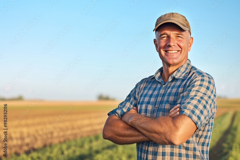 Confident farmer standing with arms crossed in a field. Confident farmer standing with arms crossed in a field.