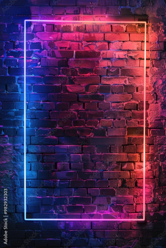 Neon Glowing Frame on Brick Wall - Vibrant Pink and Purple Urban Light Art Neon Glowing Frame on Brick Wall - Vibrant Pink and Purple Urban Light Art