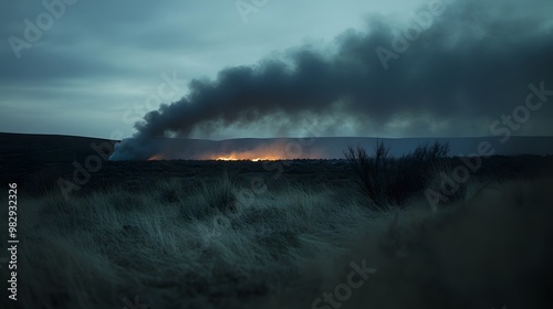 A distant fire burns in the wilderness, sending smoke into the twilight sky. photo