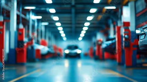 Wallpaper Mural The abstract blurry image depicts a blurred car garage interior, a blurred mechanic service center, and a blurry car care station background. Torontodigital.ca