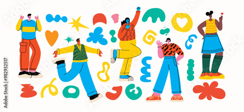 People in different poses and various geometric shapes. Outline characters, colorful abstract figures. Different mood, positions. Hand drawn Vector illustrations.