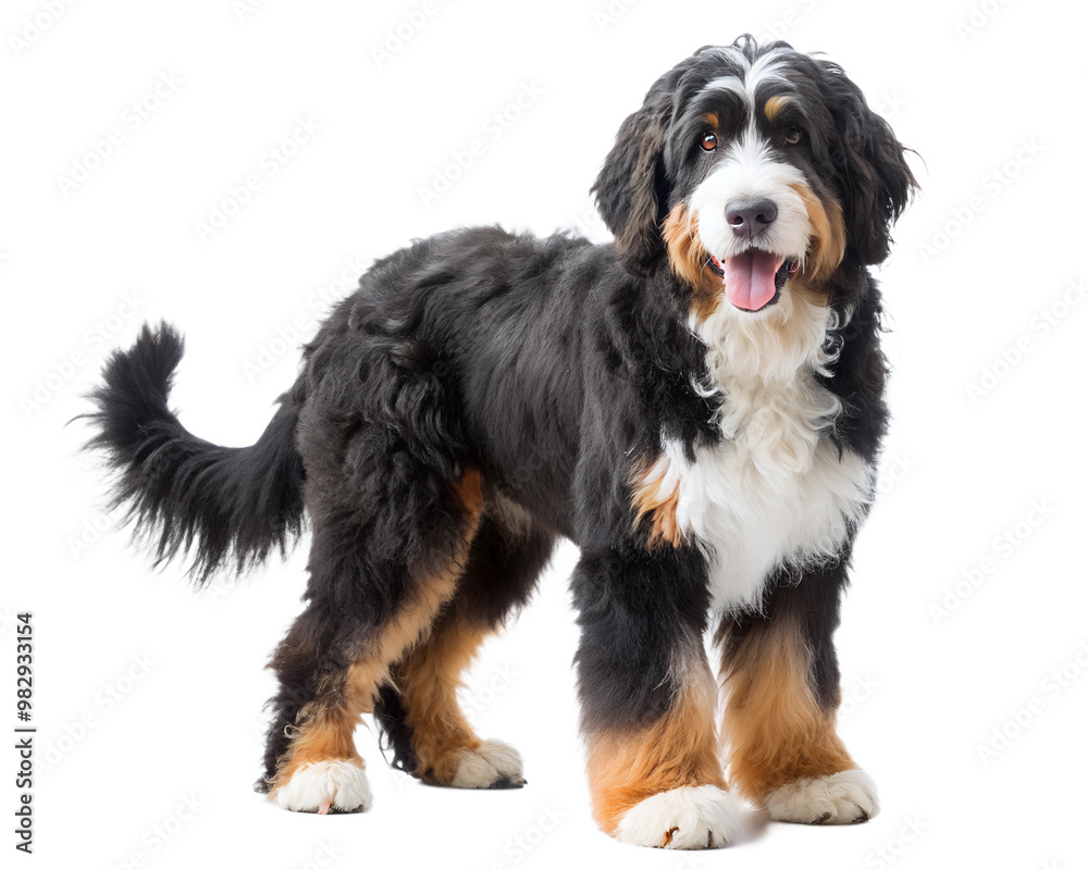 Bernedoodle dog standing and Looking at camera. Isolated on white background. Bernedoodle dog standing and Looking at camera. Isolated on white background.