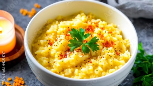 A dish with creamy risotto flavored with saffron and sprinkled with parmesan shavings, garnished with freshly chopped parsley.