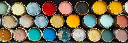 Vibrant array of colorful paint cans viewed from above, showcasing a diverse palette of hues from pastels to bold primaries, ready for creative projects and artistic expression. photo