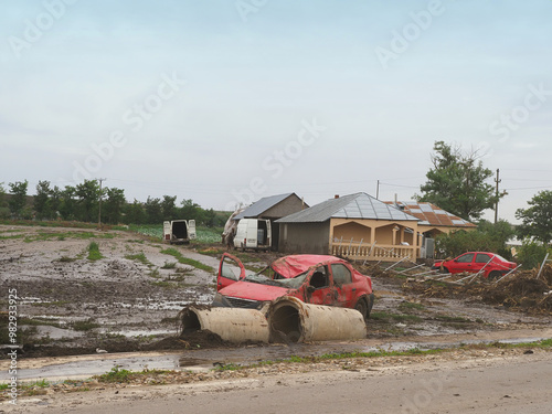 Konstfotografi Houses and cars destroyed by floods caused by Storm Boris in Galati, Cudalbi, Ro
