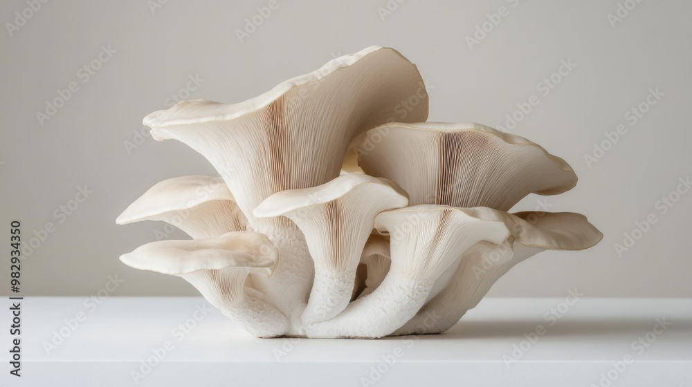 Fototapeta premium A handful of King oyster mushrooms arranged artistically on a white surface, creating a simple yet elegant composition.