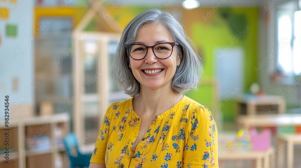 Vibrant portrait of a cheerful mature woman with silver hair and glasses, wearing a bright yellow floral blouse, standing in a colorful classroom setting. Vibrant portrait of a cheerful mature woman with silver hair and glasses, wearing a bright yellow floral blouse, standing in a colorful classroom setting.