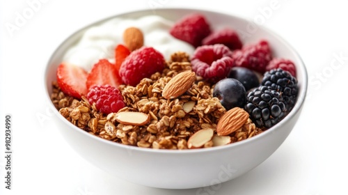 A healthy breakfast bowl featuring almond granola with yogurt and fresh fruit, garnished with whole almonds and set against a clean, white background.