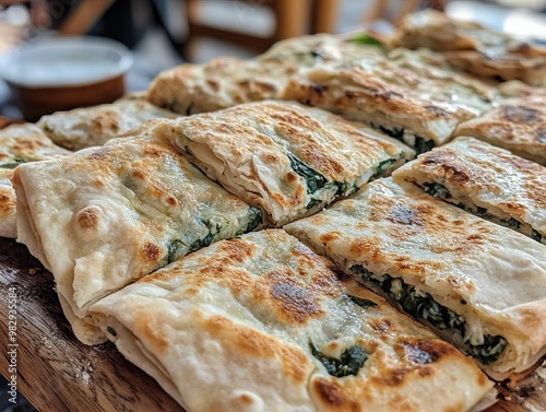 A Gözleme. The most popular Turkish dishes. Thin, savory Turkish flatbread stuffed with fillings like cheese, spinach, meat, or potatoes, cooked on a griddle.