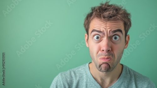 Man with surprised expression against green background