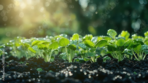 Young green sprouts on the field, illuminated by sunlight and dewdrops in the morning.