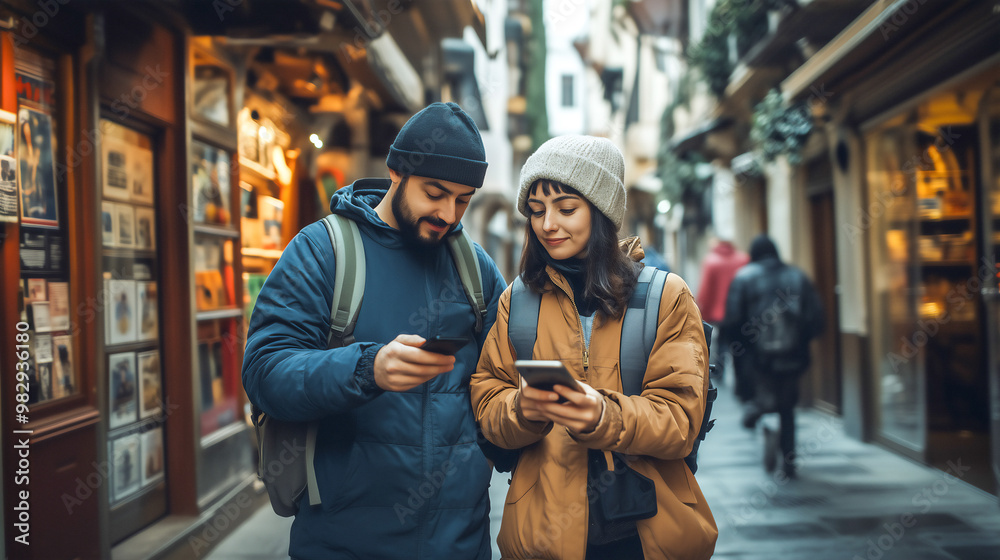 Obraz premium Happy couple travel watching gps map on smart phone .