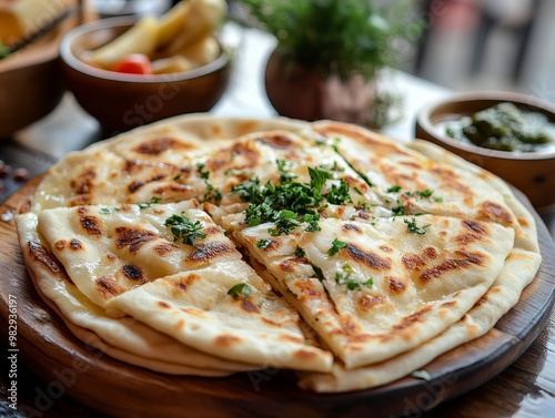 A Gözleme. The most popular Turkish dishes. Thin, savory Turkish flatbread stuffed with fillings like cheese, spinach, meat, or potatoes, cooked on a griddle.