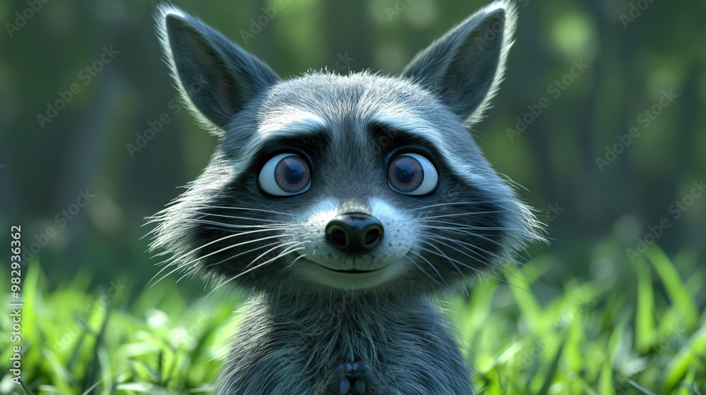 Fototapeta premium Cartoonish raccoon with large expressive eyes stands in lush green grass, exuding a playful and curious demeanor. Background is blurred, emphasizing its detailed features.
