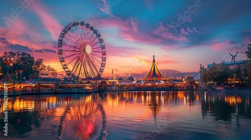 great fair with games and wheel of fortune in a beautiful dramatic sunset