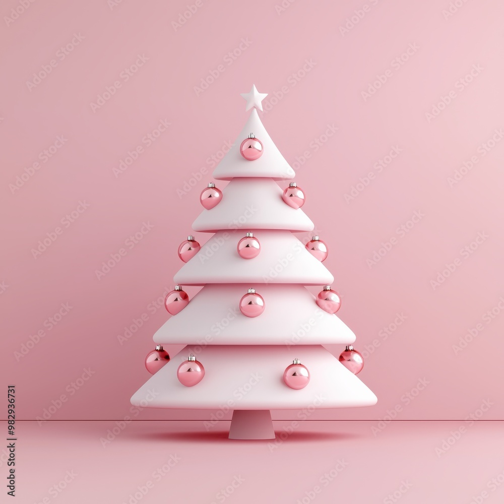 A modern white Christmas tree adorned with pink ornaments, set against a soft pink backdrop, perfect for holiday decor inspiration. A modern white Christmas tree adorned with pink ornaments, set against a soft pink backdrop, perfect for holiday decor inspiration.