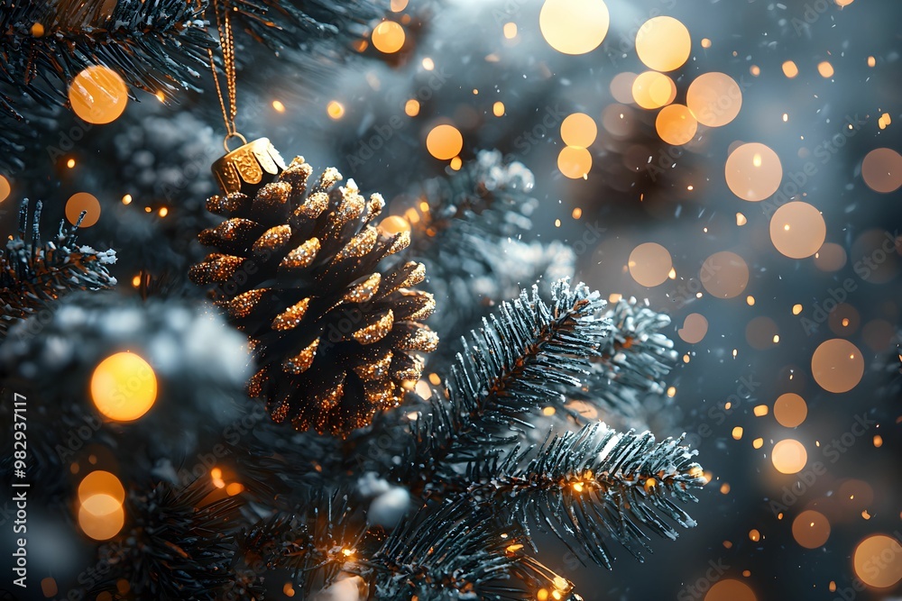 Fototapeta premium Beautifully decorated Christmas tree with golden pine cone ornament