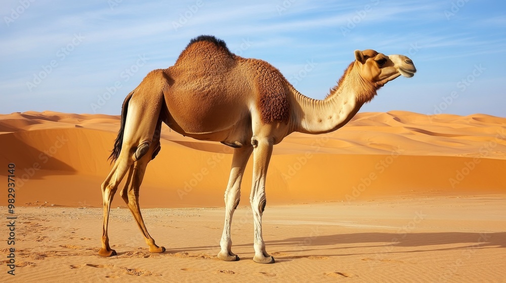 A camel roaming the desert in the wild. A camel roaming the desert in the wild.