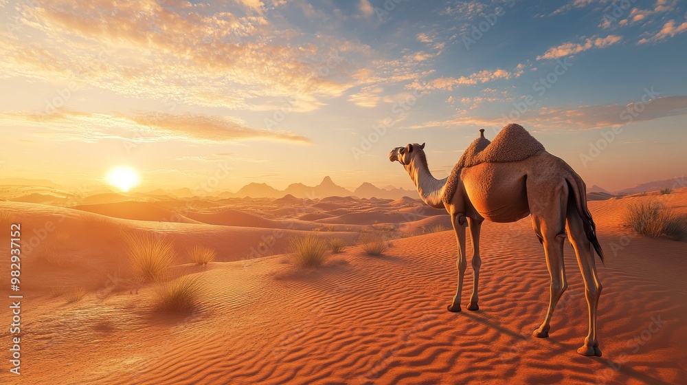 A camel roaming the desert in the wild. A camel roaming the desert in the wild.