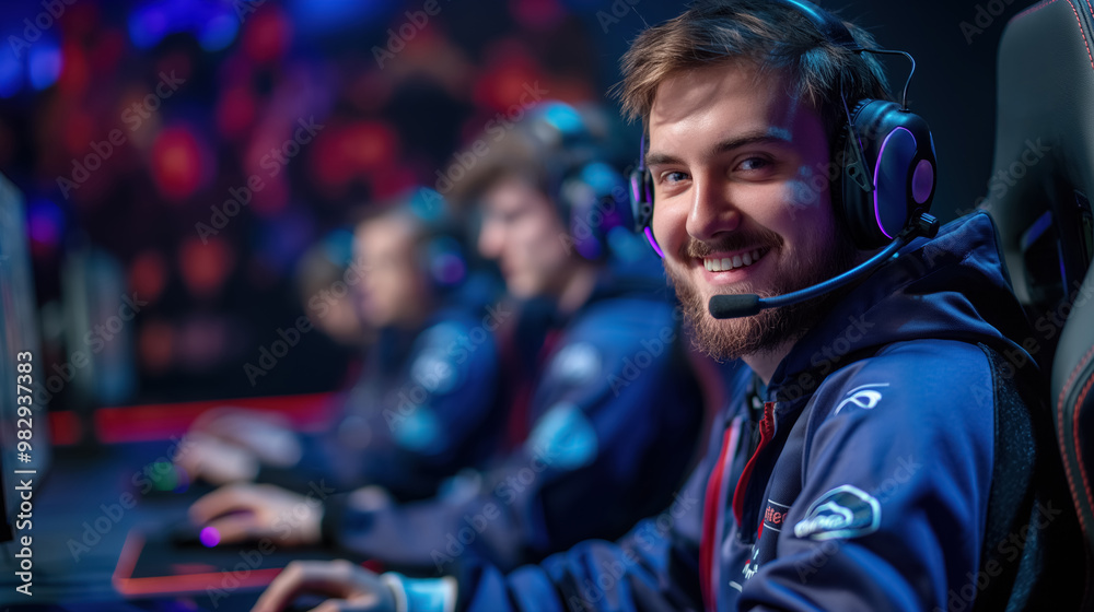 Smiling e-sports player wearing a headset, seated in front of a computer during a gaming event. The vibrant background and fellow players create an atmosphere of focus and camaraderie. Smiling e-sports player wearing a headset, seated in front of a computer during a gaming event. The vibrant background and fellow players create an atmosphere of focus and camaraderie.