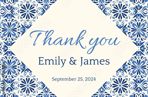 Elegant thank you card with Mediterranean floral patterns in navy blue and white. Perfect for weddings, events. Portuguese tiles. Invitation Template. Ornate damask frame. Moroccan ceramic backdrop.