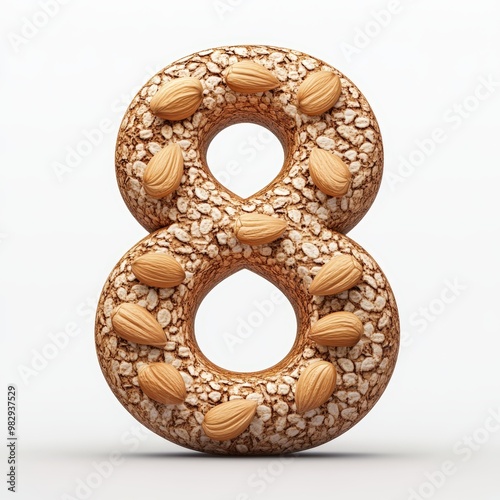 3D number 8 with nut texture realistic modern design, soft lighting, white background.