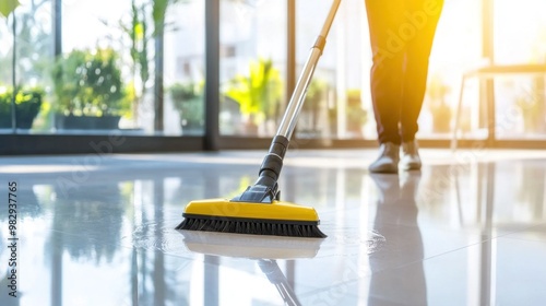 Wallpaper Mural A person is mopping a shiny floor in a well-lit space surrounded by plants, creating a fresh and inviting atmosphere on a sunny day Torontodigital.ca