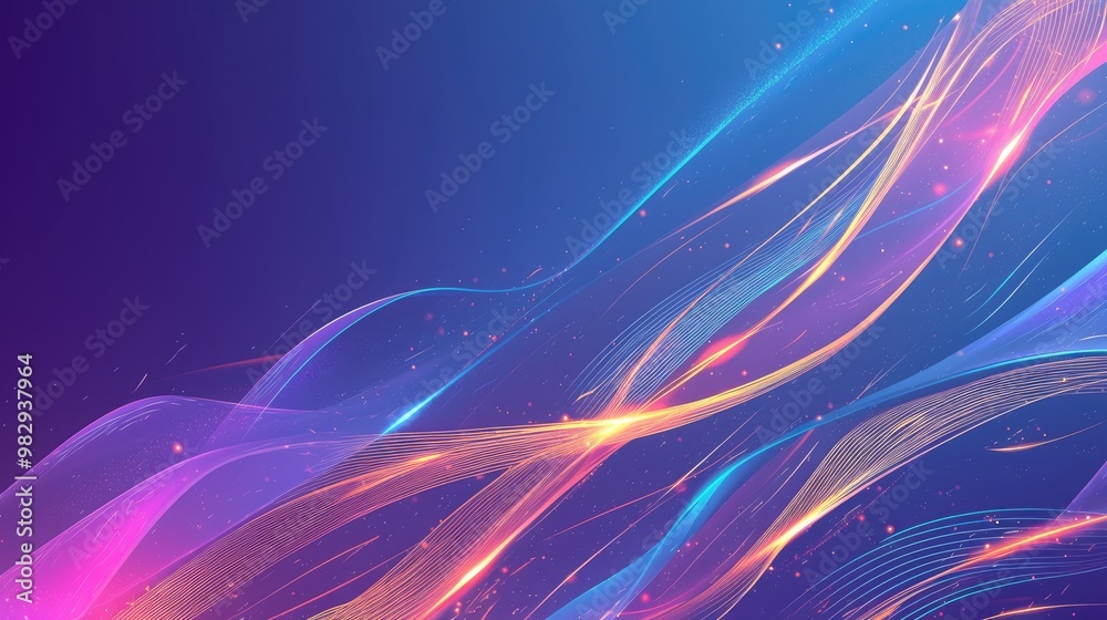 Naklejka premium Abstract neon colored technological banner featuring curved metal stripes illuminated by laser beams set against a backdrop of overlapping wavy shapes with glare and glow Vector design