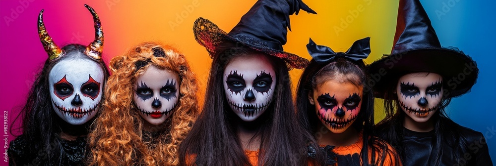 Spooky group of Halloween revelers with skull face paint and witch hats pose against vibrant rainbow background, creating eerie yet colorful scene. Spooky group of Halloween revelers with skull face paint and witch hats pose against vibrant rainbow background, creating eerie yet colorful scene.