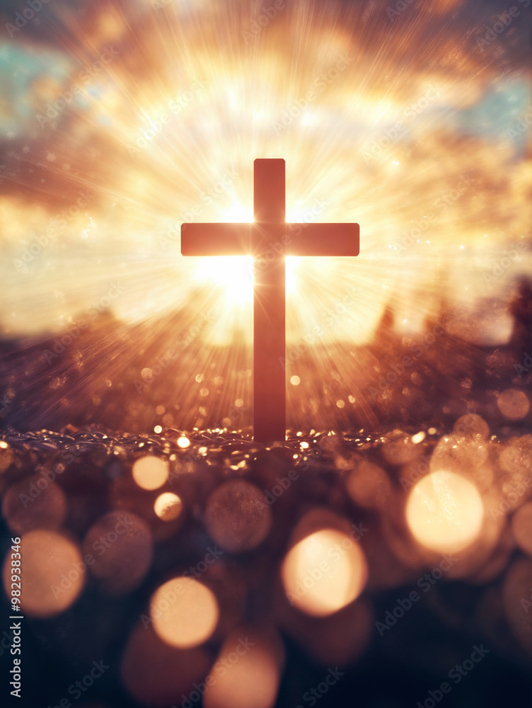 Crucifixion Of Jesus Christ - Cross standing on a dirt path in a forest, with a bright sunset casting a dramatic light on a serene and spiritual atmospheric scene Crucifixion Of Jesus Christ - Cross standing on a dirt path in a forest, with a bright sunset casting a dramatic light on a serene and spiritual atmospheric scene