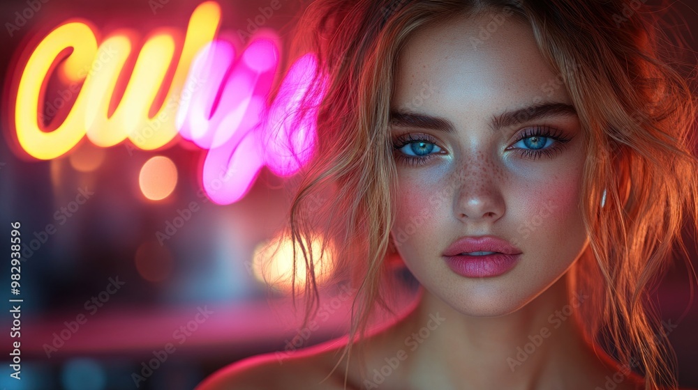 A young woman with stunning blue eyes and soft makeup poses confidently amid glowing neon lights, showcasing a blend of beauty and urban ambiance after dark A young woman with stunning blue eyes and soft makeup poses confidently amid glowing neon lights, showcasing a blend of beauty and urban ambiance after dark