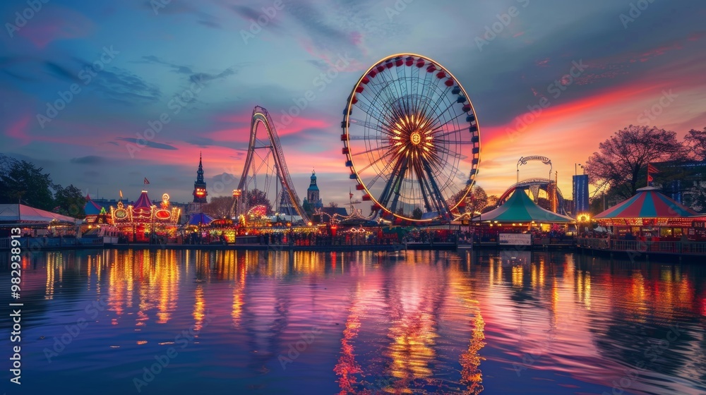 great fair with games and wheel of fortune in a beautiful dramatic sunset great fair with games and wheel of fortune in a beautiful dramatic sunset