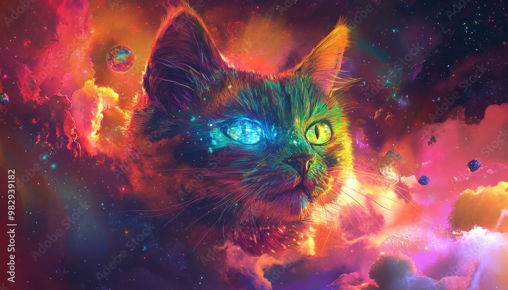 Fantasy illustration of a cosmic feline in a vibrant and whimsical space setting Fantasy illustration of a cosmic feline in a vibrant and whimsical space setting