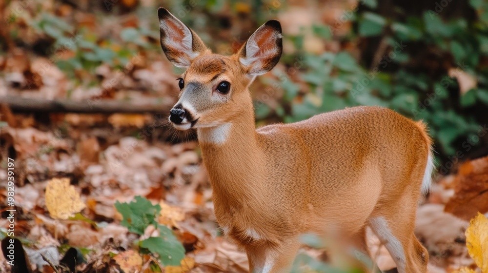 A young deer observes its surroundings among fallen leaves in a serene forest. The light of early morning highlights the vibrant autumn colors, creating a tranquil ambiance A young deer observes its surroundings among fallen leaves in a serene forest. The light of early morning highlights the vibrant autumn colors, creating a tranquil ambiance