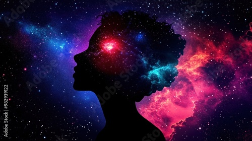 A dark silhouette of a person against a vibrant cosmic backdrop filled with swirling nebulae and stars, illustrating a moment of reflection and wonder about the universe