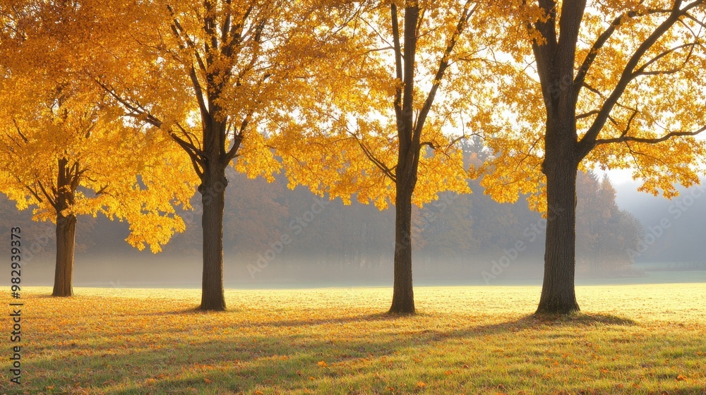 Four majestic trees with golden leaves line a tranquil park at dawn, illuminated by the soft morning light, creating a peaceful autumn atmosphere Four majestic trees with golden leaves line a tranquil park at dawn, illuminated by the soft morning light, creating a peaceful autumn atmosphere
