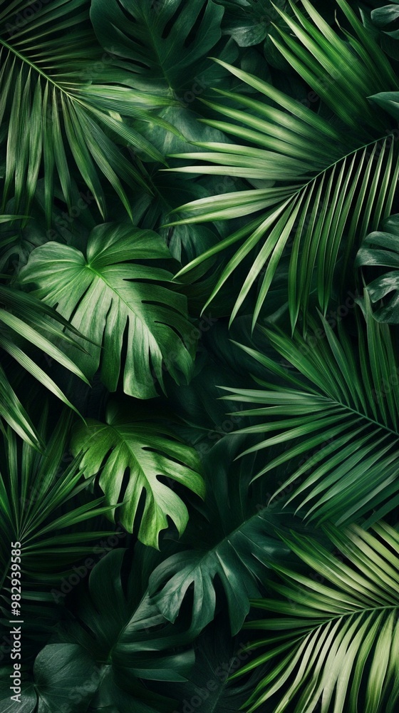 Lush tropical foliage creates a dense, verdant backdrop of palm fronds and monstera leaves, showcasing nature's intricate patterns in vibrant shades of green. Lush tropical foliage creates a dense, verdant backdrop of palm fronds and monstera leaves, showcasing nature's intricate patterns in vibrant shades of green.