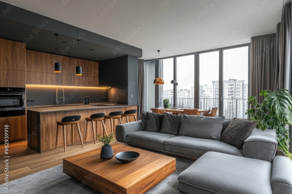 Modern Luxury Living Space with Grey and Wooden Decor