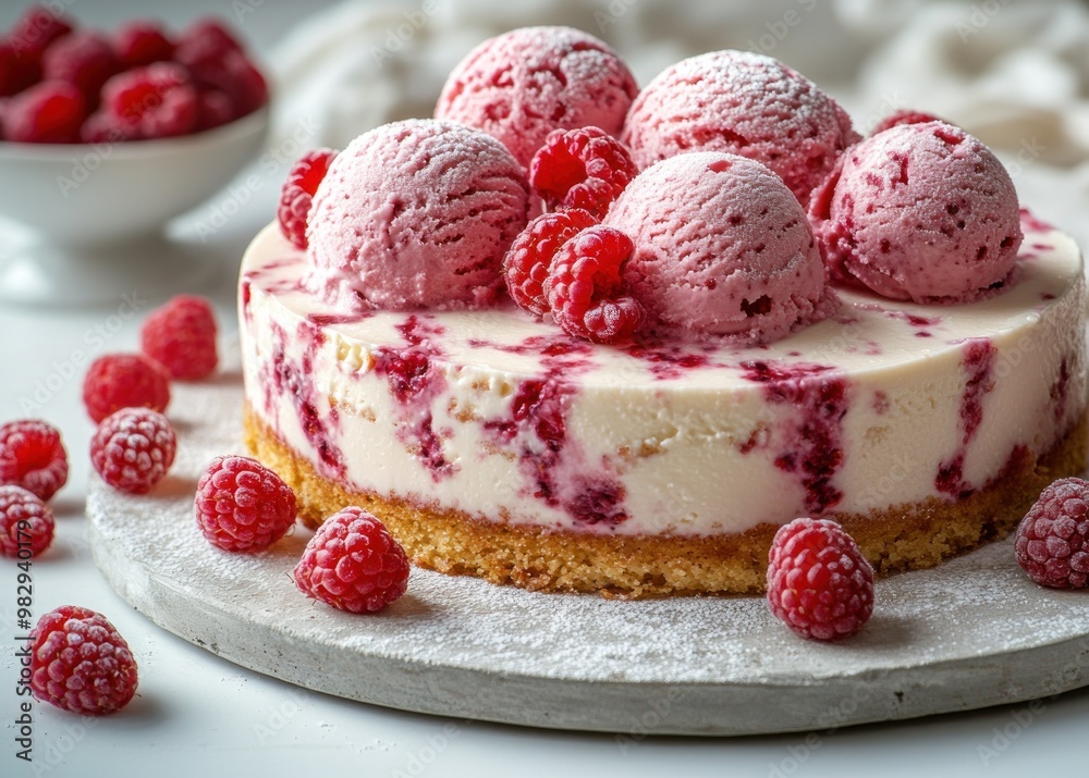 Creamy raspberry cheesecake topped with pink ice cream and fresh raspberries Creamy raspberry cheesecake topped with pink ice cream and fresh raspberries