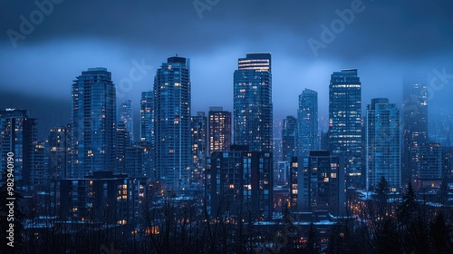 A stunning urban skyline showcases tall buildings glimmering with warm light as night falls. Misty clouds shroud the scene, adding a mysterious atmosphere to the vibrant city