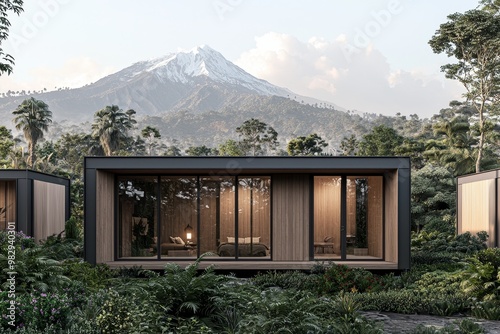 Serene Modern Cabin Retreat Surrounded by Lush Greenery and Snow-Capped Mountain - Tranquil Luxury Getaway in Nature Architectural Visualization photo