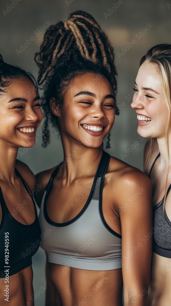Joyful diversity shines through as three vibrant women, dressed in athletic wear, share a moment of genuine laughter and camaraderie after their workout session. Joyful diversity shines through as three vibrant women, dressed in athletic wear, share a moment of genuine laughter and camaraderie after their workout session.