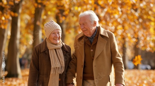 An elderly couple strolls together in a park surrounded by vibrant fall foliage. They display warmth and affection as they enjoy the beautiful autumn weather