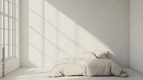 A minimalist bedroom with a single  plush bed