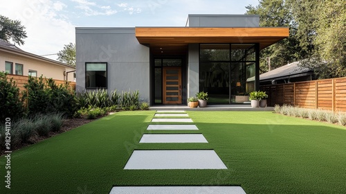 Modern Elegance Symmetrical Perspective of Luxurious Contemporary House Entrance with Wooden Door, Lush Greenery, Tranquil Landscape. Perfect for Real Estate, Architecture, and Home Design