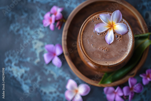 Freshly made cacao drink served in a wooden mug, decorated with fresh purple frangipani flower. Cozy, relaxing scene.  Concept of cacao ceremonies, health care and spiritual well-being.