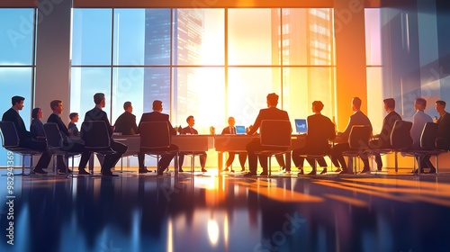 In the conference room, five people in suits sit around an office table with large windows and glass walls on both sides