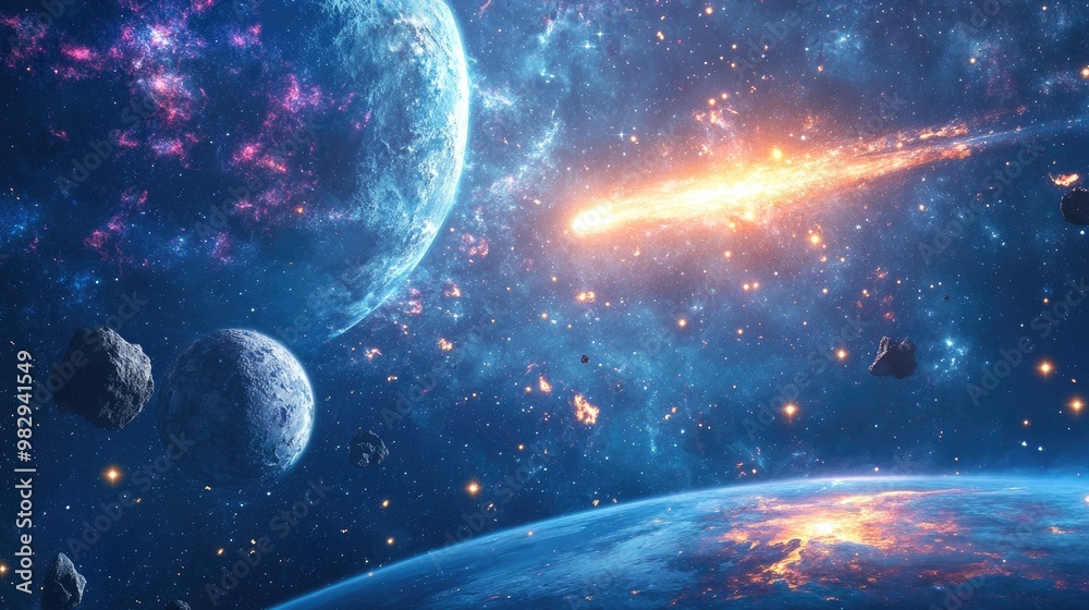 Fototapeta premium Celestial bodies of a planet and galaxy in open space featuring a meteor and meteorite against a deep blue backdrop