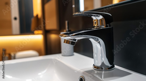 Close-up of a modern chrome bathroom faucet mounted on a white ceramic sink in a contemporary bathroom with warm ambient lighting.